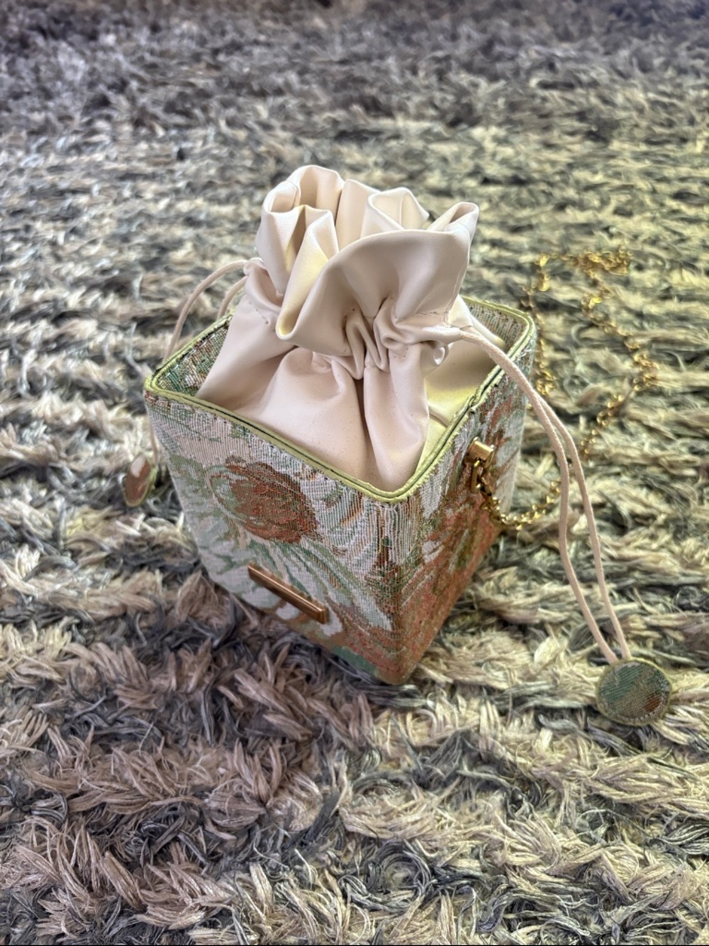 New Floral Tapestry Drawstring Mini Box Bag in Cream Brown and Green - Picture 2 of 12